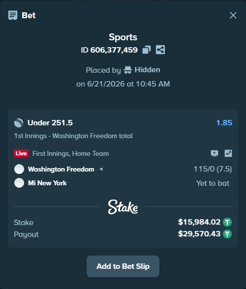 Bet slip: Washington Freedom - Mi New York, $16,000.00 stake at 1.85 odds, placed by Hidden