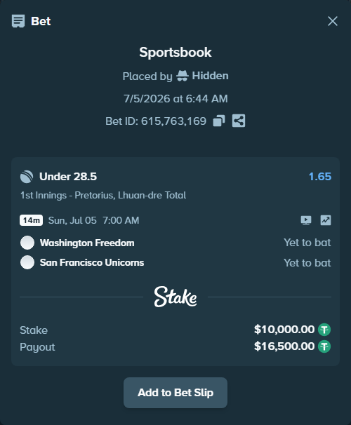 Bet slip: Washington Freedom - San Francisco Unicorns, $10,000.00 stake at 1.65 odds, placed by Hidden