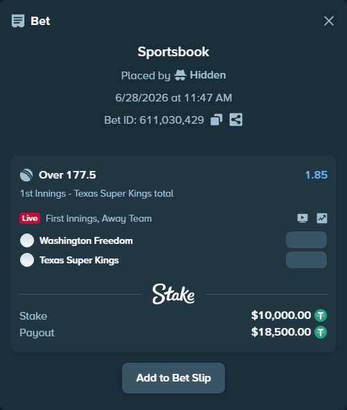 Bet slip: Washington Freedom - Texas Super Kings, $10,010.00 stake at 1.85 odds, placed by Hidden