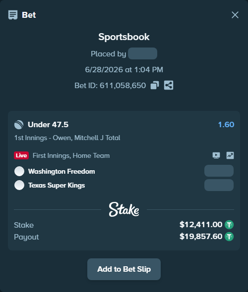 Bet slip: Washington Freedom - Texas Super Kings, $12,423.41 stake at 1.60 odds, placed by Salinactg321