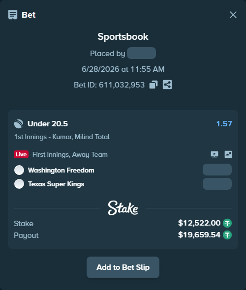 Bet slip: Washington Freedom - Texas Super Kings, $12,534.52 stake at 1.57 odds, placed by Salinactg321