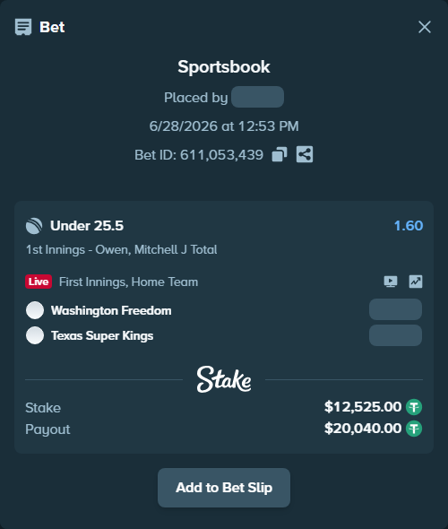 Bet slip: Washington Freedom - Texas Super Kings, $12,537.52 stake at 1.60 odds, placed by Salinactg321