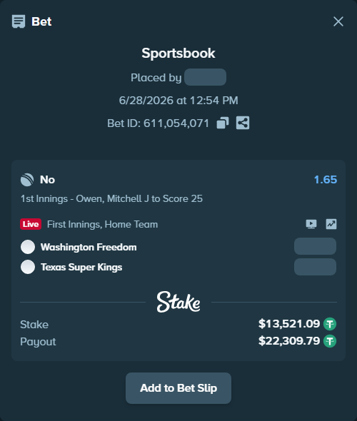 Bet slip: Washington Freedom - Texas Super Kings, $13,534.61 stake at 1.65 odds, placed by Salinactg321