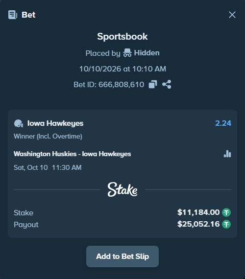 Bet slip: Washington Huskies - Iowa Hawkeyes, $11,195.18 stake at 2.24 odds, placed by Hidden