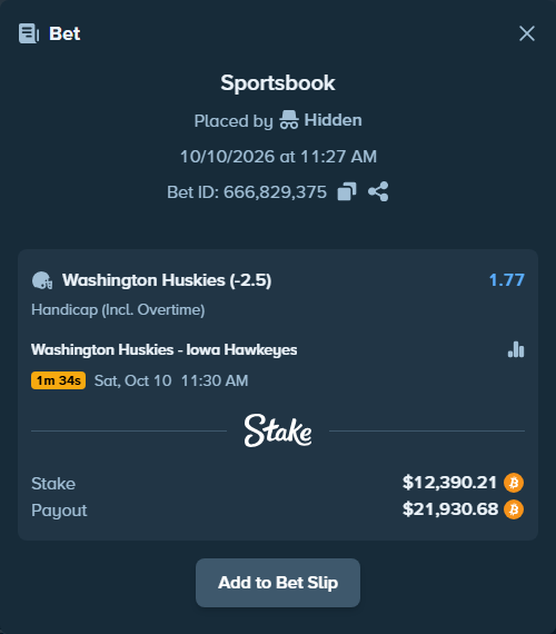 Bet slip: Washington Huskies - Iowa Hawkeyes, $12,427.42 stake at 1.77 odds, placed by Hidden