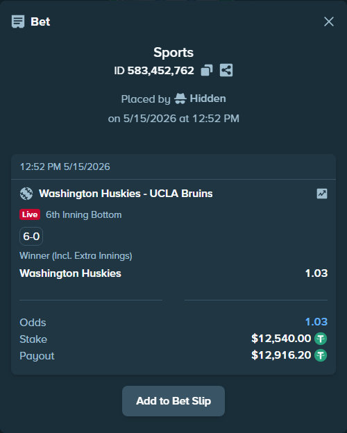 Bet slip: Washington Huskies - UCLA Bruins, $12,540.00 stake at 1.03 odds, placed by AghoriThakur