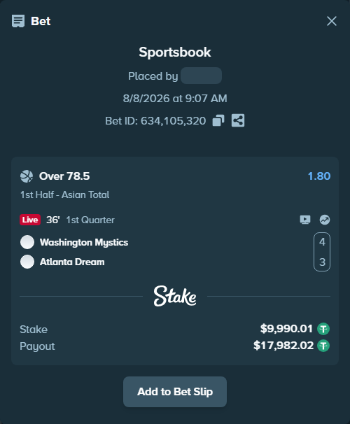Bet slip: Washington Mystics - Atlanta Dream, $10,000.00 stake at 1.80 odds, placed by Rovangood