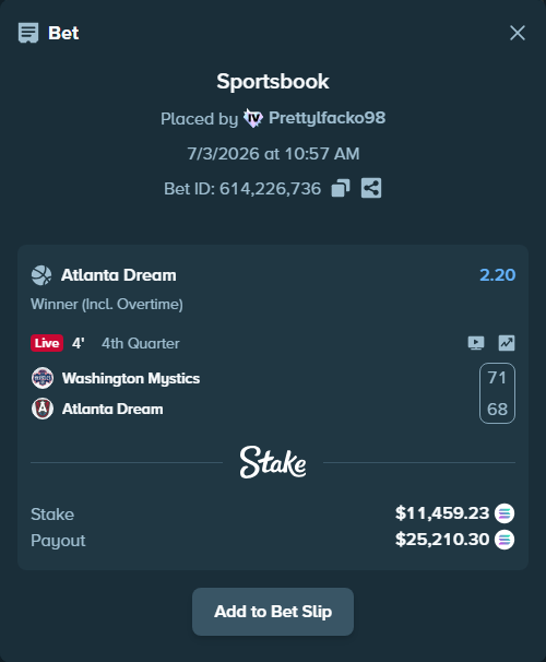 Bet slip: Washington Mystics - Atlanta Dream, $11,616.57 stake at 2.20 odds, placed by Prettylfacko98