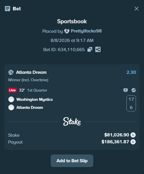 Bet slip: Washington Mystics - Atlanta Dream, $82,234.30 stake at 2.30 odds, placed by Prettylfacko98
