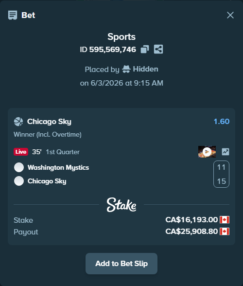 Bet slip: Washington Mystics - Chicago Sky, $11,982.82 stake at 1.60 odds, placed by Hidden