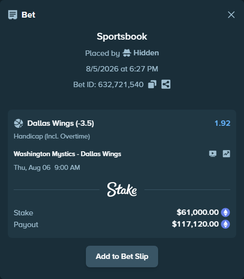 Bet slip: Washington Mystics - Dallas Wings, $62,122.58 stake at 1.92 odds, placed by Hidden