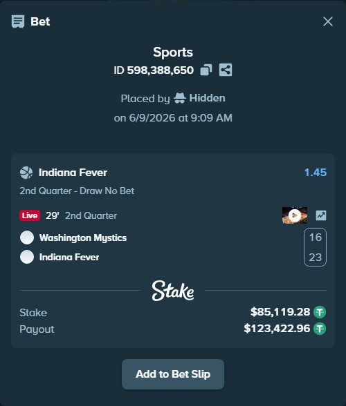 Bet slip: Washington Mystics - Indiana Fever, $85,119.28 stake at 1.45 odds, placed by Hidden