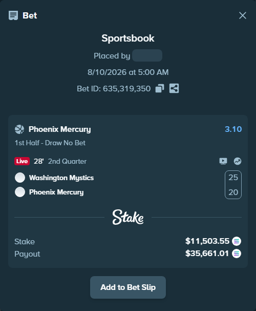 Bet slip: Washington Mystics - Phoenix Mercury, $11,512.35 stake at 3.10 odds, placed by Prettylfacko98