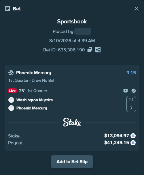 Bet slip: Washington Mystics - Phoenix Mercury, $13,072.82 stake at 3.15 odds, placed by Prettylfacko98