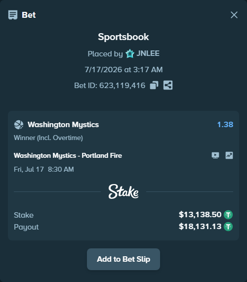 Bet slip: Washington Mystics - Portland Fire, $13,151.64 stake at 1.38 odds, placed by JNLEE