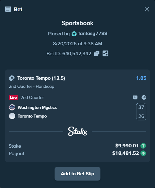 Bet slip: Washington Mystics - Toronto Tempo, $10,000.00 stake at 1.85 odds, placed by fantasy7788