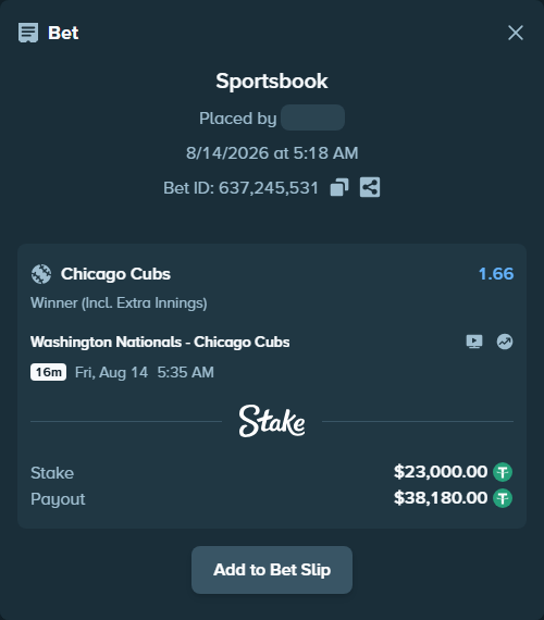 Bet slip: Washington Nationals - Chicago Cubs, $23,023.00 stake at 1.66 odds, placed by Othmane2kiks
