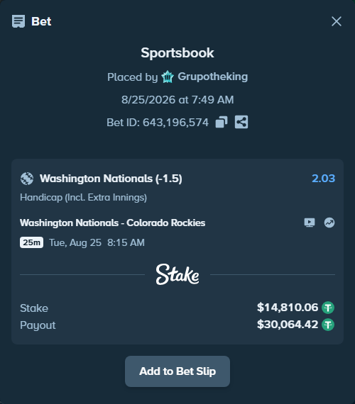 Bet slip: Washington Nationals - Colorado Rockies, $14,810.06 stake at 2.03 odds, placed by Grupotheking