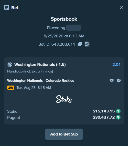 Bet slip: Washington Nationals - Colorado Rockies, $15,143.15 stake at 2.01 odds, placed by dvento