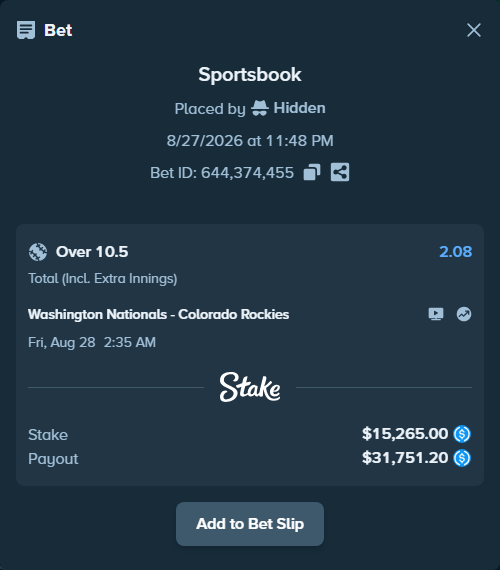 Bet slip: Washington Nationals - Colorado Rockies, $15,265.00 stake at 2.08 odds, placed by Hidden