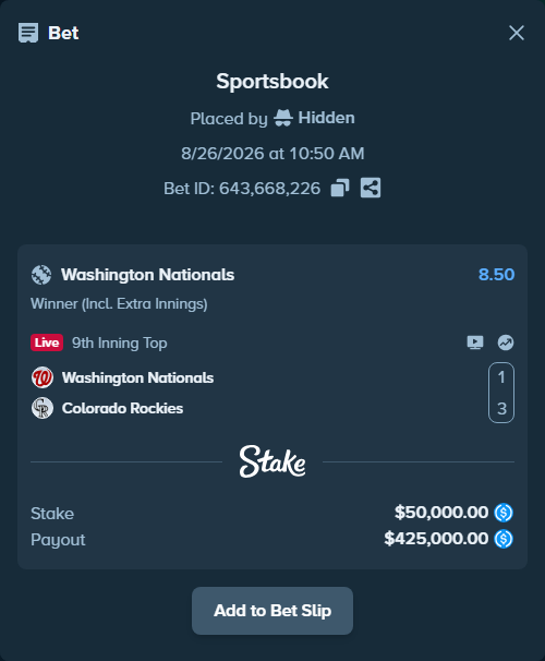 Bet slip: Washington Nationals - Colorado Rockies, $50,000.00 stake at 8.50 odds, placed by Hidden