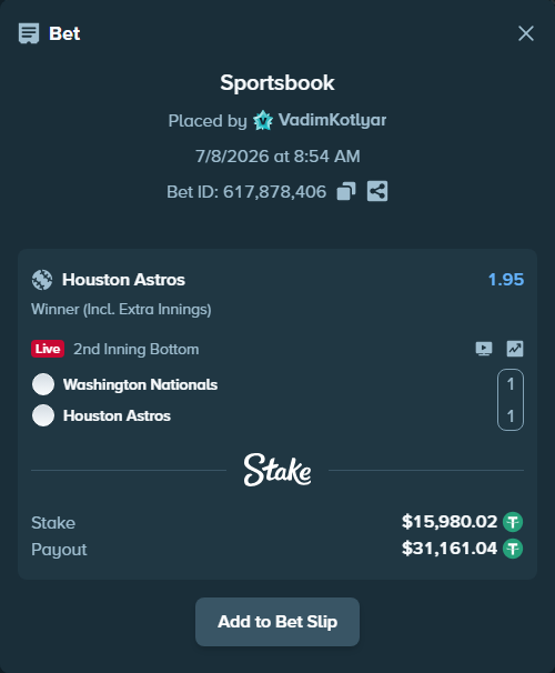 Bet slip: Washington Nationals - Houston Astros, $15,996.00 stake at 1.95 odds, placed by VadimKotlyar