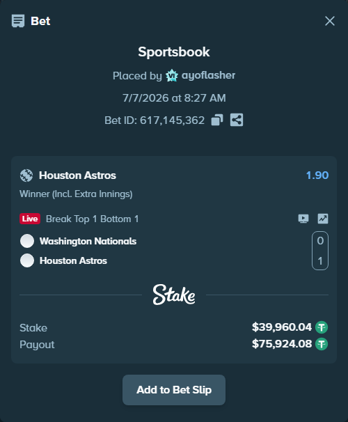 Bet slip: Washington Nationals - Houston Astros, $40,000.00 stake at 1.90 odds, placed by ayoflasher