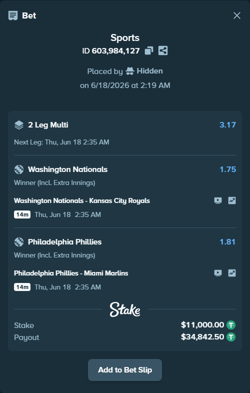 Bet slip: Washington Nationals - Kansas City Royals, $11,011.00 stake at 1.75 odds, placed by Hidden