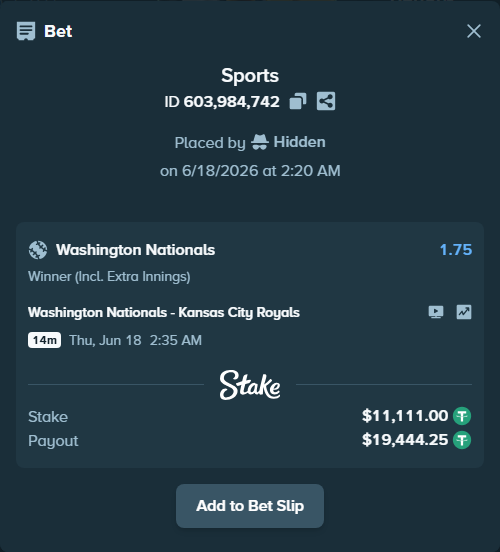Bet slip: Washington Nationals - Kansas City Royals, $11,122.11 stake at 1.75 odds, placed by Hidden