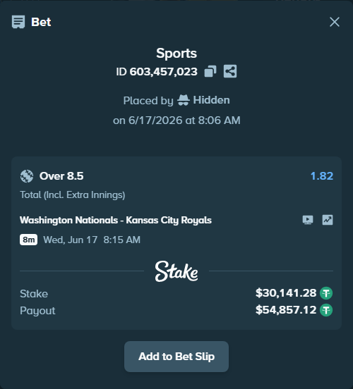 Bet slip: Washington Nationals - Kansas City Royals, $30,171.42 stake at 1.82 odds, placed by Hidden
