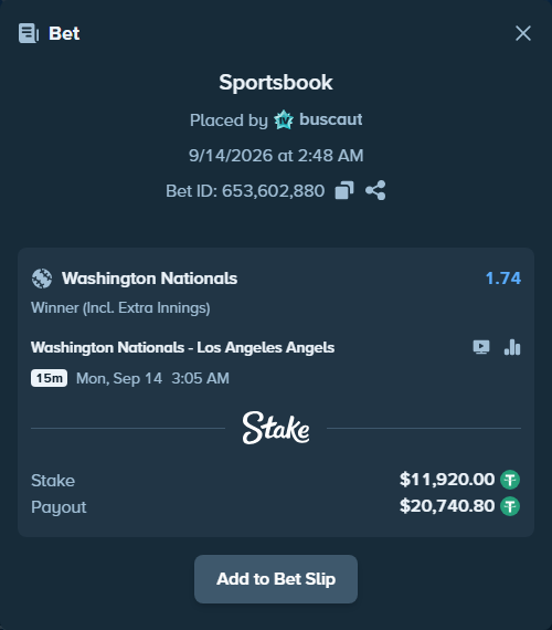 Bet slip: Washington Nationals - Los Angeles Angels, $11,917.62 stake at 1.74 odds, placed by buscaut