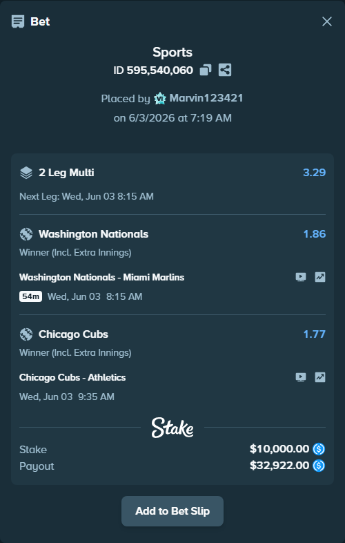 Bet slip: Washington Nationals - Miami Marlins, $10,000.00 stake at 1.86 odds, placed by Marvin123421