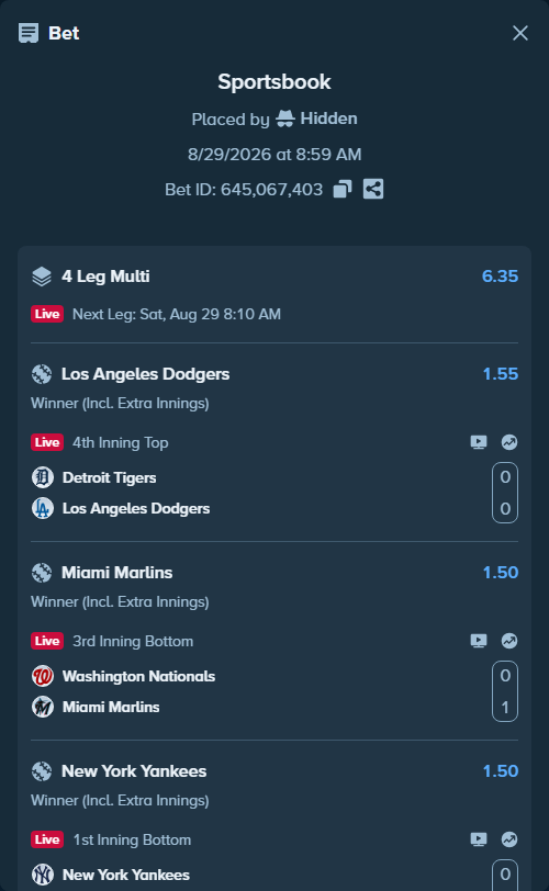 Bet slip: Washington Nationals - Miami Marlins, $100,100.00 stake at 1.50 odds, placed by Hidden