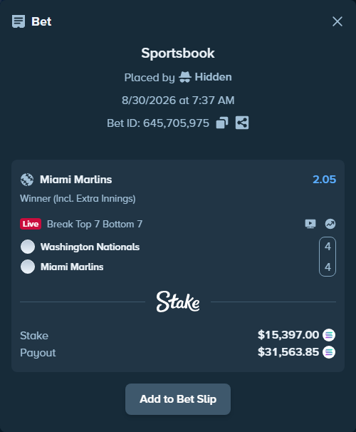 Bet slip: Washington Nationals - Miami Marlins, $15,475.38 stake at 2.05 odds, placed by Hidden