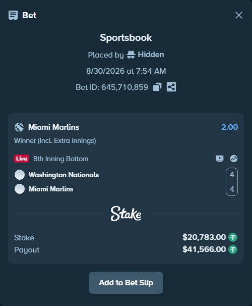 Bet slip: Washington Nationals - Miami Marlins, $20,783.00 stake at 2.00 odds, placed by Hidden