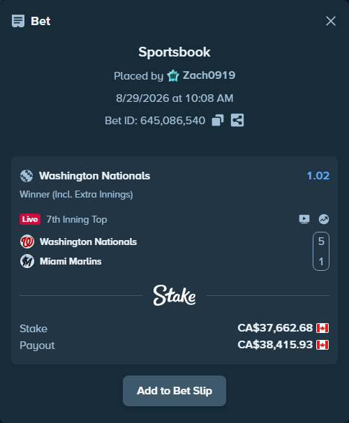 Bet slip: Washington Nationals - Miami Marlins, $27,870.38 stake at 1.02 odds, placed by Zach0919
