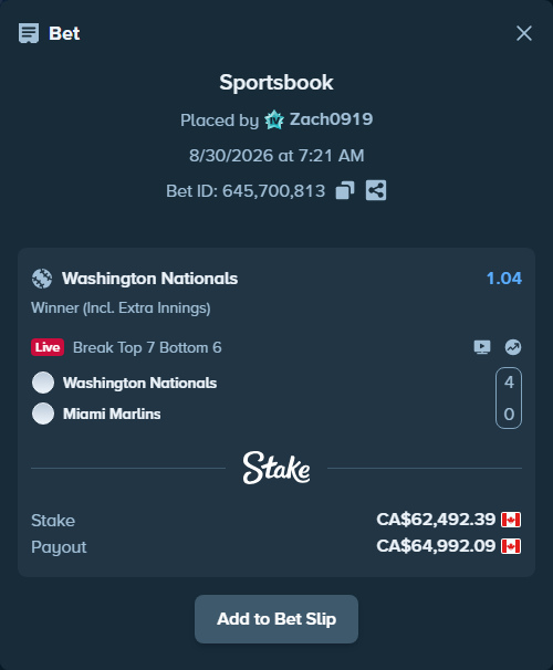 Bet slip: Washington Nationals - Miami Marlins, $46,244.37 stake at 1.04 odds, placed by Zach0919