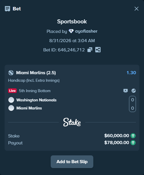 Bet slip: Washington Nationals - Miami Marlins, $60,000.00 stake at 1.30 odds, placed by ayoflasher