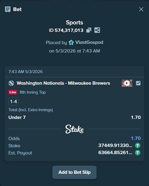 Bet slip: Washington Nationals - Milwaukee Brewers, $37,449.91 stake at 1.70 odds, placed by VlastGospod