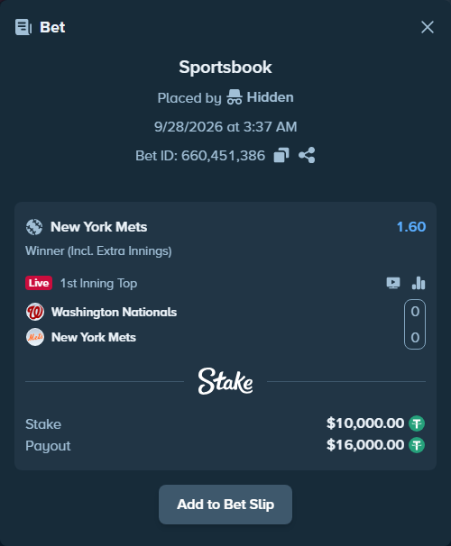 Bet slip: Washington Nationals - New York Mets, $10,000.00 stake at 1.60 odds, placed by nandonzr