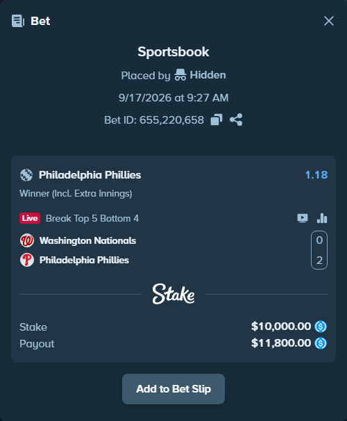 Bet slip: Washington Nationals - Philadelphia Phillies, $10,000.00 stake at 1.18 odds, placed by Hidden