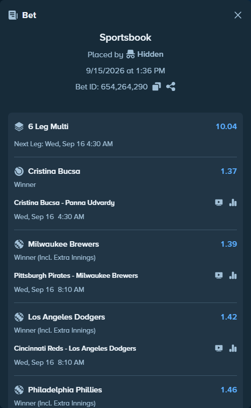 Bet slip: Washington Nationals - Philadelphia Phillies, $11,957.50 stake at 1.46 odds, placed by Hidden