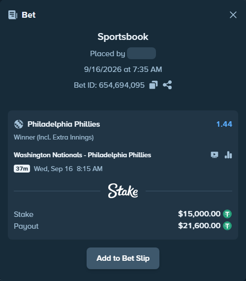 Bet slip: Washington Nationals - Philadelphia Phillies, $15,000.00 stake at 1.44 odds, placed by nandonzr
