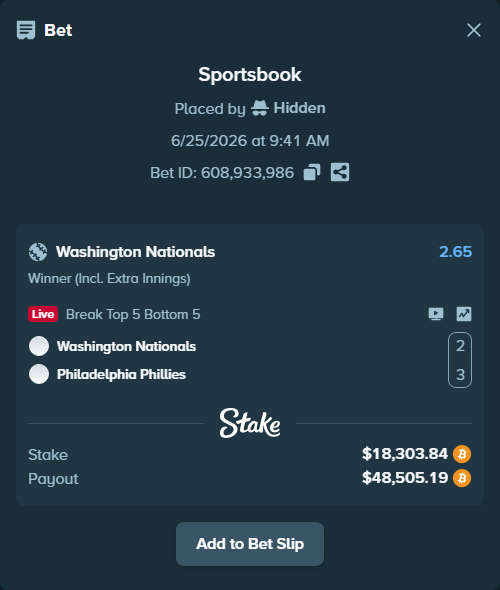 Bet slip: Washington Nationals - Philadelphia Phillies, $17,653.20 stake at 2.65 odds, placed by Hidden