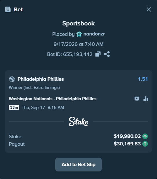 Bet slip: Washington Nationals - Philadelphia Phillies, $20,000.00 stake at 1.51 odds, placed by nandonzr