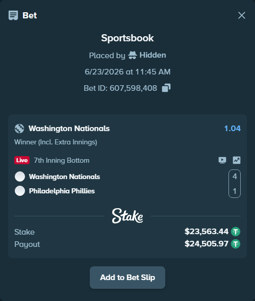 Bet slip: Washington Nationals - Philadelphia Phillies, $23,587.00 stake at 1.04 odds, placed by Hidden