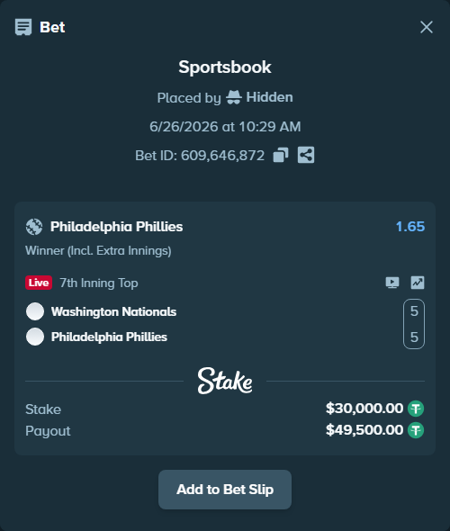 Bet slip: Washington Nationals - Philadelphia Phillies, $30,030.00 stake at 1.65 odds, placed by Hidden