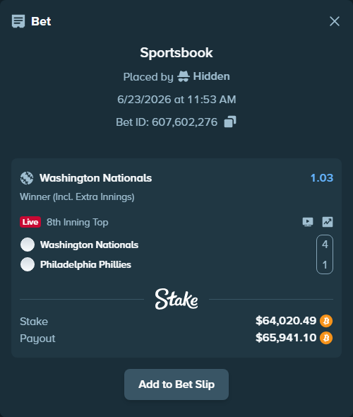 Bet slip: Washington Nationals - Philadelphia Phillies, $59,477.00 stake at 1.03 odds, placed by Hidden