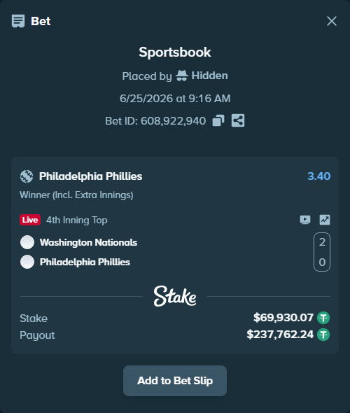 Bet slip: Washington Nationals - Philadelphia Phillies, $70,000.00 stake at 3.40 odds, placed by Hidden