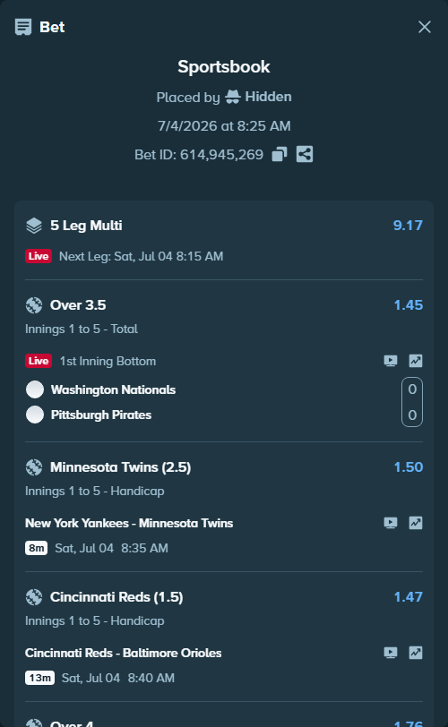 Bet slip: Washington Nationals - Pittsburgh Pirates, $12,455.43 stake at 1.45 odds, placed by Hidden
